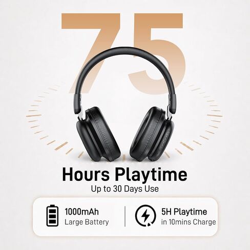 Bluetooth Headphones Over Ear, 75H Playtime Wireless Headphones with Microphone, Foldable Lightweight Headset with 3 EQ Modes, 3D Stereo Sound Low Latency for Travel Work Cellphone in Kuwait