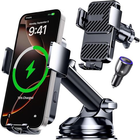 3 in 1 Wireless Car Charger, Phone Holders for Your Car 15W Fast Charging Auto Clamping, Car Phone Mount for iPhone 17 16 15 14 13 Mini Pro Max XR, Samsung Galaxy S25 Ultra S24 S23 S22 S21 in Kuwait