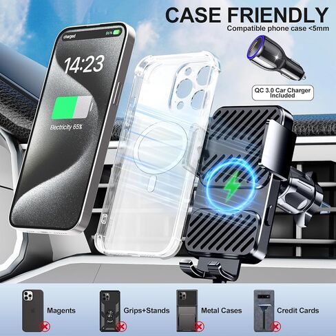 3 in 1 Wireless Car Charger, Phone Holders for Your Car 15W Fast Charging Auto Clamping, Car Phone Mount for iPhone 17 16 15 14 13 Mini Pro Max XR, Samsung Galaxy S25 Ultra S24 S23 S22 S21 in Kuwait