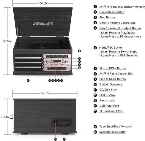 Retrolife® Record Players 10-in-1 Music Center Vinyl Turntables, Black in Kuwait