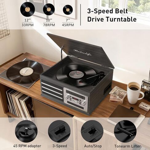Retrolife® Record Players 10-in-1 Music Center Vinyl Turntables, Black in Kuwait