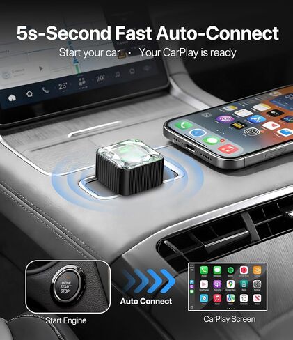 محول CarPlay لاسلكي 2026 لهاتف iPhone، تصميم نهائي زجاجي ممتاز، اتصال تلقائي 5s، دونجل CarPlay لاسلكي صغير متوافق مع Apple CarPlay، التوصيل والتشغيل للسيارات السلكية في المصنع، زمن استجابة منخفض in Kuwait