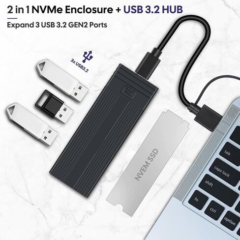 Fanblack Aluminum M.2 NVME SATA SSD Enclosure Adapter, USB 3.2 Gen 2 (10 Gbps) to NVME with 3 USB 3.2 Gen 2 10Gbps A Port , Support UASP Trim for SSDs 2242/2260/2280 in Saudi Arabia