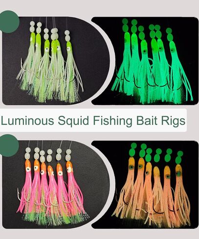 Squid Bait Fishing Rigs, Glow Pre-Tied Surf Fishing Lures Rigs 12pcs in Kuwait