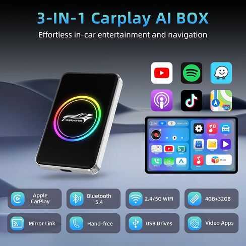 صندوق AI 3in1 لسيارات CarPlay السلكية، 4 جيجابايت + 32 جيجابايت، محول لاسلكي in Kuwait
