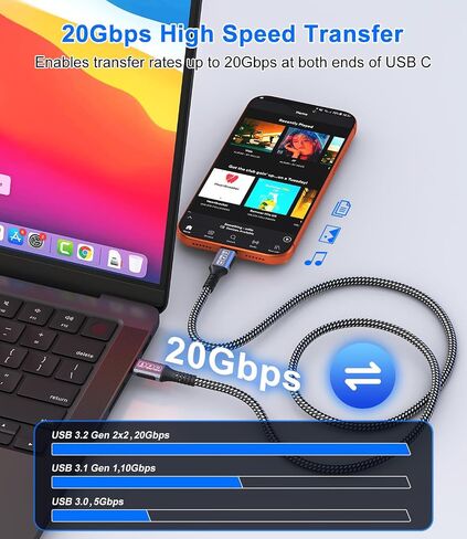 20 FT USB C Cable 240W Fast Charging, 20Gbps Data Transfer & 4K@60Hz Video, PD 3.1 Braided Super Long USBC Cable, USB-C to USB-C 3.2 Gen 2x2 Cord for iPhone17 16 15, MacBook, iPad, Galaxy, VR, Monitor in Kuwait
