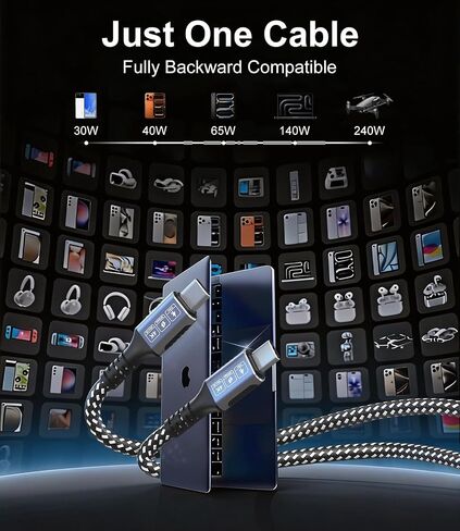 20 FT USB C Cable 240W Fast Charging, 20Gbps Data Transfer & 4K@60Hz Video, PD 3.1 Braided Super Long USBC Cable, USB-C to USB-C 3.2 Gen 2x2 Cord for iPhone17 16 15, MacBook, iPad, Galaxy, VR, Monitor in Kuwait