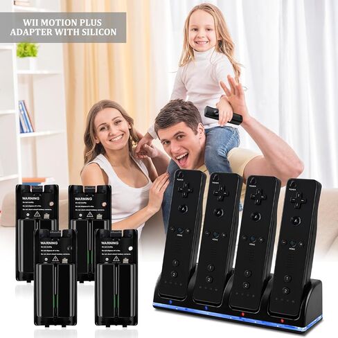 محطة شحن 4 في 1 لجهاز التحكم عن بعد Wii&Wii U، مع 4 بطاريات قابلة لإعادة الشحن (4 منافذ شحن + 4 قطع بطاريات بديلة 2800 مللي أمبير في الساعة + كابل USB + قابس) لا تتضمن جهاز تحكم عن بعد - أسود in Kuwait