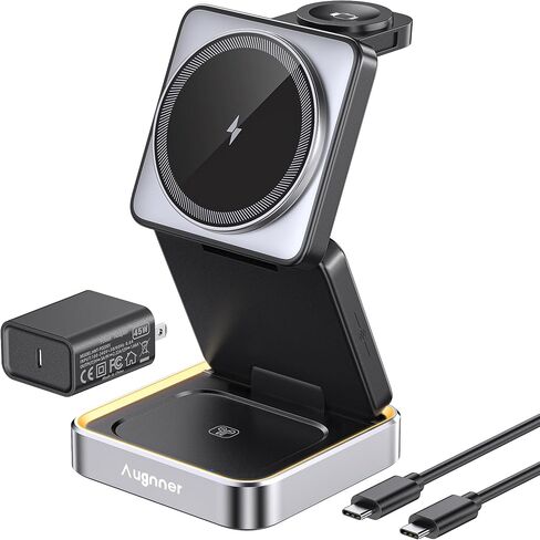 Augnner 25W 3-in-1 Charging Station for Apple Device, White Foldable Magnetic Wireless Charger, Fast Travel Charging Stand for iPhone17/16/15/14/13/12 Series, Apple Watch/AirPods in Kuwait