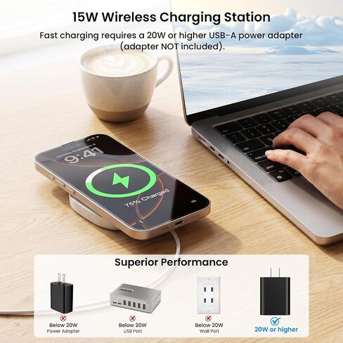 Wireless Charging Pad 15W for iPhone 16, Anti-Slip, Detachable USB Cable in Kuwait