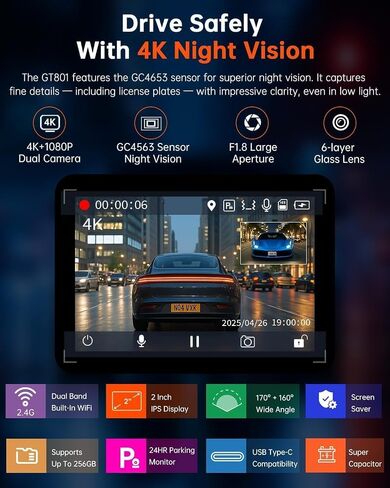 4K+1080P Front and Rear Dash Cam for Cars, Built-in WiFi and GPS in Kuwait