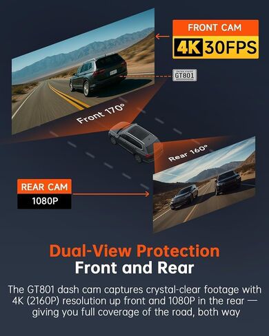 4K+1080P Front and Rear Dash Cam for Cars, Built-in WiFi and GPS in Kuwait