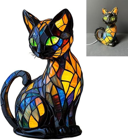 Stained Glass Cat Lamp, Vintage Resin Night Light, 3D LED Light Table Lamp, Idea for Cat Lovers’ Decor in Saudi Arabia