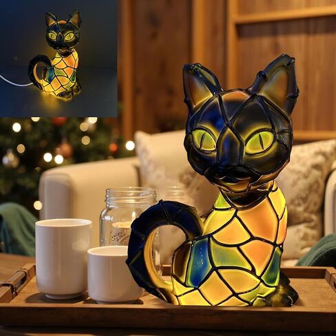 Stained Glass Cat Lamp, Vintage Resin Night Light, 3D LED Light Table Lamp, Idea for Cat Lovers’ Decor in Saudi Arabia