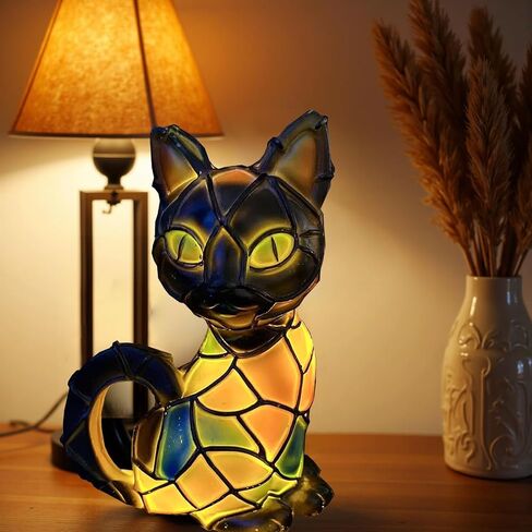 Stained Glass Cat Lamp, Vintage Resin Night Light, 3D LED Light Table Lamp, Idea for Cat Lovers’ Decor in Saudi Arabia