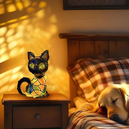 Stained Glass Cat Lamp, Vintage Resin Night Light, 3D LED Light Table Lamp, Idea for Cat Lovers’ Decor in Saudi Arabia