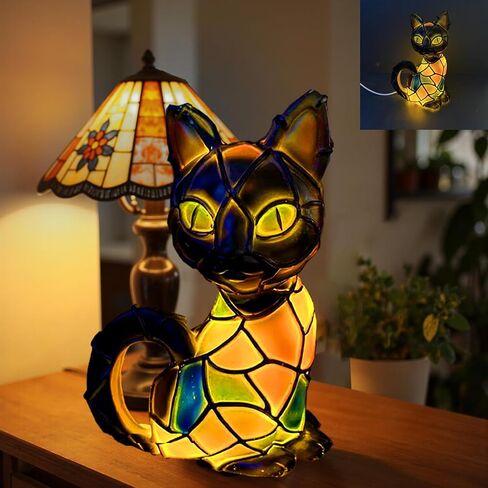 Stained Glass Cat Lamp, Vintage Resin Night Light, 3D LED Light Table Lamp, Idea for Cat Lovers’ Decor in Saudi Arabia