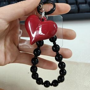 Red Large Heart Black Beaded Phone Strap, Cute Bag Charm for Women Cellphone Keychain Beaded Camera Wrist Strap Purse Keychain Handbag Accessory in Saudi Arabia