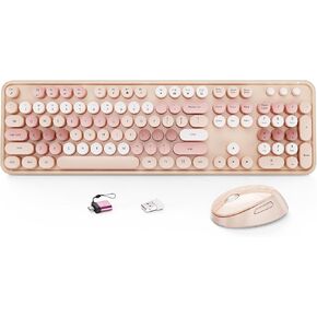 HotFox Wireless Keyboard and Mouse Combo, Full-Size Retro Typewriter Keyboard with Round Keycaps, Ergonomic Design for Windows PC, Home and Office Use -Blue in Saudi Arabia