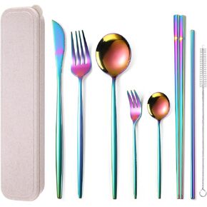 AARAINBOW 8 Pieces Stainless Steel Flatware Set Portable Reusable Cutlery Set Travel Utensils Set Including Chopsticks Knife Fork Spoon Straws Cleaning Brush Dishwasher Safe (Pink Golden) in Saudi Arabia