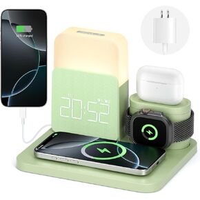 7 in 1 Charging Station for iPhone, Wireless Charging Station, Alarm Clock, Night Light, Wireless Charger for iPhone 17 16 15 14 13 12 Pro Max & Apple Watch - Charging Stand Dock for AirPods(Green) in Saudi Arabia