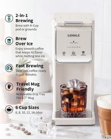 KIDISLE Single Serve K Cup & Ground Coffee Maker, Hot & Iced Brew, White in Saudi Arabia