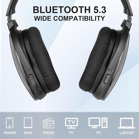 Wireless Headphones for TV with 2.4GHz RF Transmitter Charging Holder, Personal Volume, Plug and Play, 100FT, Bluetooth TV Headphones Wireless for Seniors, No Delay, Support OPT/RCA/AUX, Black, DB100 in Saudi Arabia