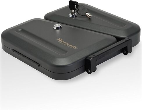 Hornady Dual-Lid Gun Lock Box - Two Compartment Portable Lock Box with Separate Lid and Lock - This Small Gun Safe Stores Handguns and Ammo Separately - Measures 11 x 10 x 2 Inches - Item 95229 in Saudi Arabia