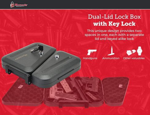 Hornady Dual-Lid Gun Lock Box - Two Compartment Portable Lock Box with Separate Lid and Lock - This Small Gun Safe Stores Handguns and Ammo Separately - Measures 11 x 10 x 2 Inches - Item 95229 in Saudi Arabia