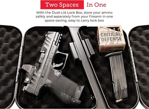 Hornady Dual-Lid Gun Lock Box - Two Compartment Portable Lock Box with Separate Lid and Lock - This Small Gun Safe Stores Handguns and Ammo Separately - Measures 11 x 10 x 2 Inches - Item 95229 in Saudi Arabia
