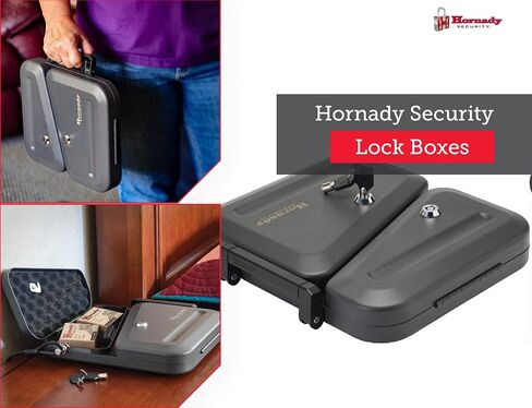 Hornady Dual-Lid Gun Lock Box - Two Compartment Portable Lock Box with Separate Lid and Lock - This Small Gun Safe Stores Handguns and Ammo Separately - Measures 11 x 10 x 2 Inches - Item 95229 in Saudi Arabia