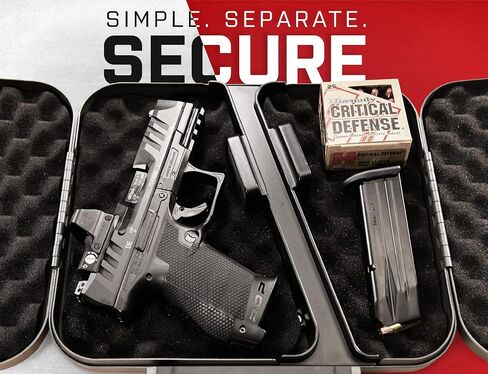 Hornady Dual-Lid Gun Lock Box - Two Compartment Portable Lock Box with Separate Lid and Lock - This Small Gun Safe Stores Handguns and Ammo Separately - Measures 11 x 10 x 2 Inches - Item 95229 in Saudi Arabia