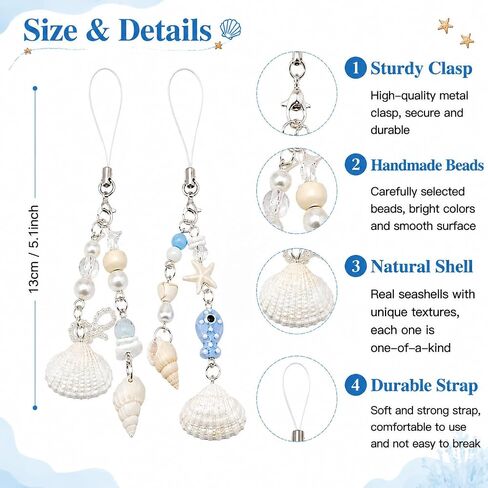 2 Pack Seashell Phone Charm with Pearl Beads, Ocean Beach Style Accessory in Saudi Arabia