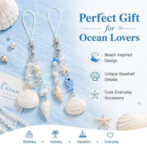 2 Pack Seashell Phone Charm with Pearl Beads, Ocean Beach Style Accessory in Saudi Arabia