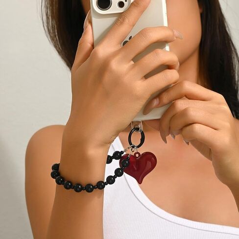 Red Large Heart Black Beaded Phone Strap, Cute Bag Charm for Women Cellphone Keychain Beaded Camera Wrist Strap Purse Keychain Handbag Accessory in Saudi Arabia