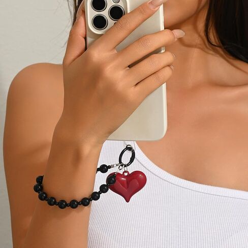 Red Large Heart Black Beaded Phone Strap, Cute Bag Charm for Women Cellphone Keychain Beaded Camera Wrist Strap Purse Keychain Handbag Accessory in Saudi Arabia