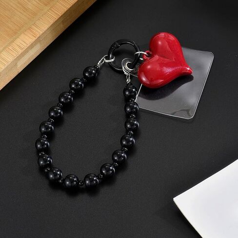 Red Large Heart Black Beaded Phone Strap, Cute Bag Charm for Women Cellphone Keychain Beaded Camera Wrist Strap Purse Keychain Handbag Accessory in Saudi Arabia
