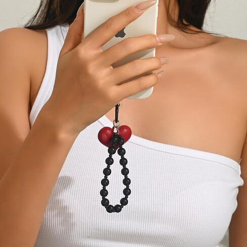 Red Large Heart Black Beaded Phone Strap, Cute Bag Charm for Women Cellphone Keychain Beaded Camera Wrist Strap Purse Keychain Handbag Accessory in Saudi Arabia
