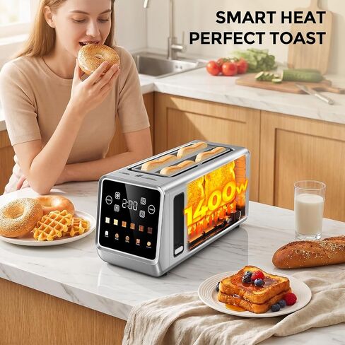 Long Slot Toaster 4 Slice with Touchscreen, 1400W Stainless Steel 2-Slot Smart Appliance Extra Wide 1.5 Inch, MemoryIQ Tech Digital Timer for Bagel Waffle, Kitchen Essentials in Saudi Arabia