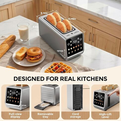 Long Slot Toaster 4 Slice with Touchscreen, 1400W Stainless Steel 2-Slot Smart Appliance Extra Wide 1.5 Inch, MemoryIQ Tech Digital Timer for Bagel Waffle, Kitchen Essentials in Saudi Arabia