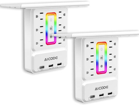 موسع منفذ AICODE مع رف وإضاءة ليلية RGB، وواقي من زيادة التيار، ومنفذ USB C in Kuwait