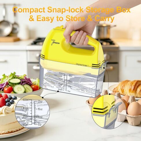LILPARTNER Electric Hand Mixer with Storage Box, Ultra Power Kitchen Hand Mixer With 7-Speed & 5 Stainless Steel Accessories for Whipping Dough, Cream, Cake, Dishwasher Safe, YELLOW BOX in Kuwait