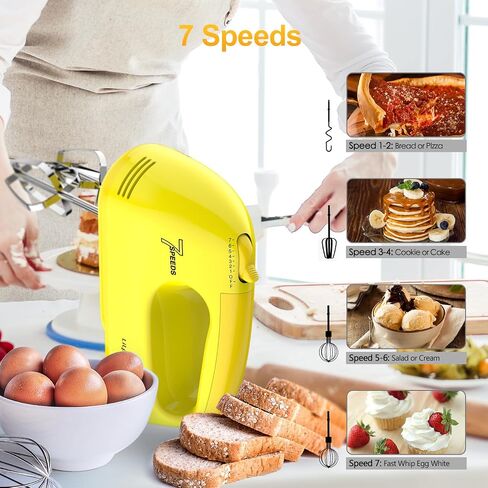 LILPARTNER Electric Hand Mixer with Storage Box, Ultra Power Kitchen Hand Mixer With 7-Speed & 5 Stainless Steel Accessories for Whipping Dough, Cream, Cake, Dishwasher Safe, YELLOW BOX in Kuwait