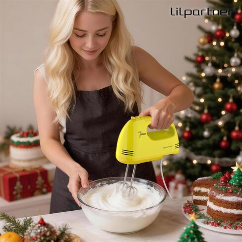 LILPARTNER Electric Hand Mixer with Storage Box, Ultra Power Kitchen Hand Mixer With 7-Speed & 5 Stainless Steel Accessories for Whipping Dough, Cream, Cake, Dishwasher Safe, YELLOW BOX in Kuwait
