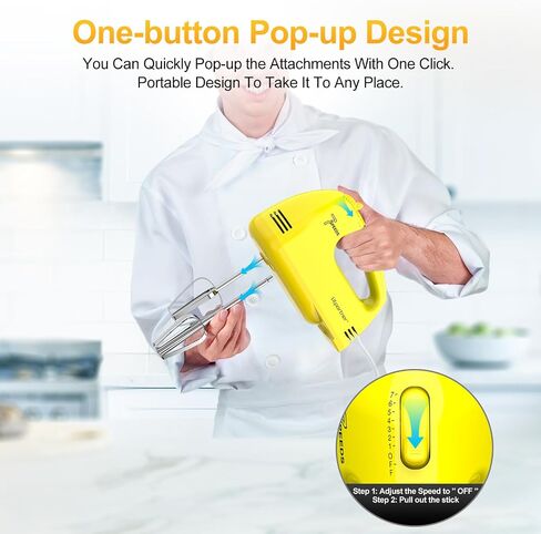 LILPARTNER Electric Hand Mixer with Storage Box, Ultra Power Kitchen Hand Mixer With 7-Speed & 5 Stainless Steel Accessories for Whipping Dough, Cream, Cake, Dishwasher Safe, YELLOW BOX in Kuwait