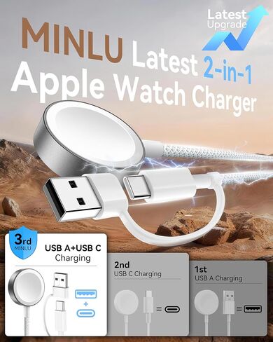 Minlu 2 in 1 USB A/C Cable for Apple Watch Charger,4Ft Braided Portable Designed for Magnetic Wireless Fast iWatch Charging Cord,Vacation Camping Essentials for iWatch Series Ultra/SE/10-2- White in Kuwait