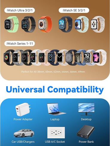 Minlu 2 in 1 USB A/C Cable for Apple Watch Charger,4Ft Braided Portable Designed for Magnetic Wireless Fast iWatch Charging Cord,Vacation Camping Essentials for iWatch Series Ultra/SE/10-2- White in Kuwait