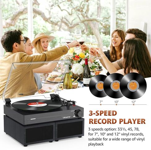 Vinyl Record Player with Speakers,Bluetooth Portable Turntable for Vinyl Records,Phonograph LP Player with 3 Speed USB RCA in Vintage Black in Kuwait