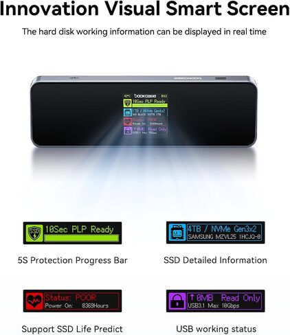 DOCKCASE Smart M.2 NVMe SSD Enclosure, 10s Power Loss Protection (PLP), 10Gbps USB 3.2 Gen 2 Type-C External Hard Drive Case, Fits 2230/2242/2260/2280 NVMe M/B+M Key in Kuwait