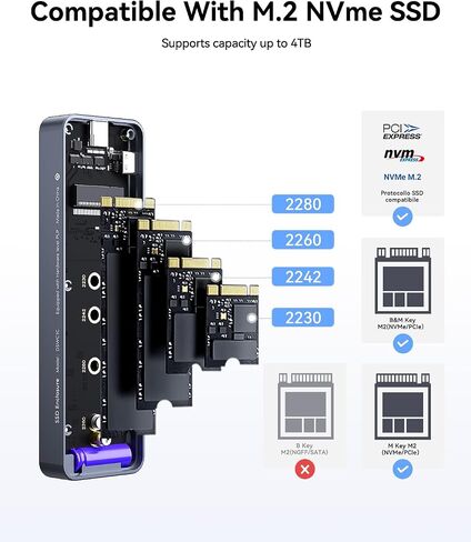 DOCKCASE Smart M.2 NVMe SSD Enclosure, 10s Power Loss Protection (PLP), 10Gbps USB 3.2 Gen 2 Type-C External Hard Drive Case, Fits 2230/2242/2260/2280 NVMe M/B+M Key in Kuwait